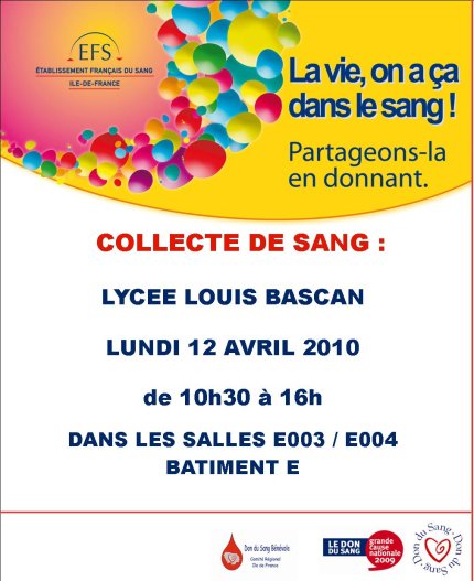 Annonce collecte de sang au lycée Bascan